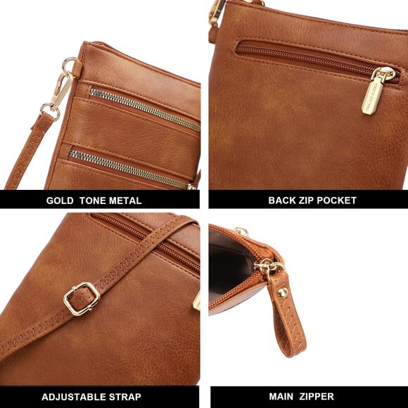 Brown Faux Leather Crossbody – Gold Zipper Detail, Compact & Stylish - Picture 4 of 6